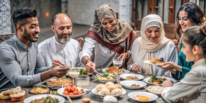 Joyful Muslim Family Sharing a Festive Meal. A diverse group of Muslim family and friends gather around a table laden with traditional food, sharing smiles and conversation during a celebratory meal.