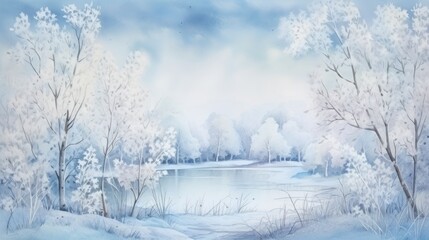 Obraz premium Ethereal Winter Forest, Watercolor. Elegant Blue and White Botanical with Misty Trees Background