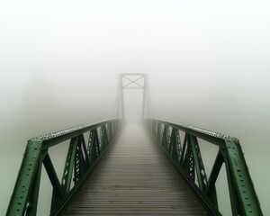 Bridge into the Unknown: A lone bridge disappears into a thick fog, creating a sense of mystery and intrigue. The green metal structure stands in stark contrast to the white mist, beckoning the viewer