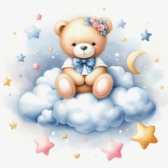 Watercolor illustration of cute teddy bear sitting on a cloud with stars. Nursery concept. Children's room.
