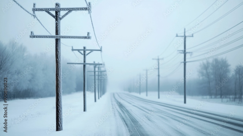 Poster aerial view of power lines and trees coated in thick ice after a devastating winter storm causing wi