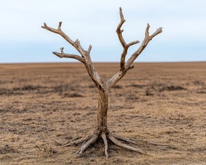 Solitude in Barren Lands: A lone, weathered tree stands defiant against a desolate landscape, its gnarled branches reaching towards the sky. 