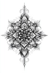 Detailed black and white ornate mandala with floral and geometric patterns.