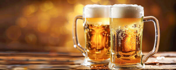 Two beer mugs with frothy tops on a rustic wooden surface with a blurred brown background with copy space.