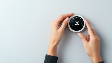 A hand adjusting a modern thermostat set to 20 degrees on a minimalistic wall.