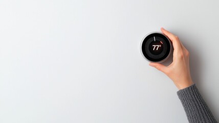 A hand holds a modern thermostat displaying a temperature of 77 degrees Fahrenheit against a minimalist light background, emphasizing smart home technology.