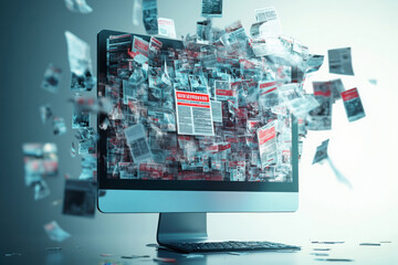 Digital screen with news articles and pages flying out representing information overload, media consumption, digital journalism, and news flow