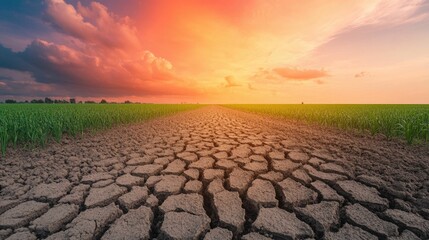 Fototapeta premium Drought stricken Field Ravaged by Scorching Heatwave and Extreme Temperature Crisis Parched Cracked Earth and Withered
