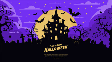 Halloween background with castle, graveyard and bats. Vector illustration.