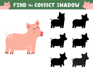 Find the correct shadow activity page for kids with a cute pig. Shadow matching game with a farm character. Vector illustration