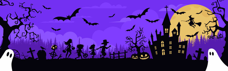 Halloween background with castle, graveyard and bats. Vector illustration.
