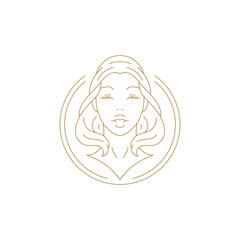 Elegant young woman model portrait in golden circle frame line art icon vector illustration. Beautiful female face luxury emblem logo for beauty salon makeup artist cosmetic cosmetology brand