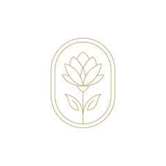 Beautiful blossom lotus flower in golden ellipse frame line art icon vector illustration. Natural beauty organic floral herb plant luxury emblem logo for premium spa wellness salon cosmetology