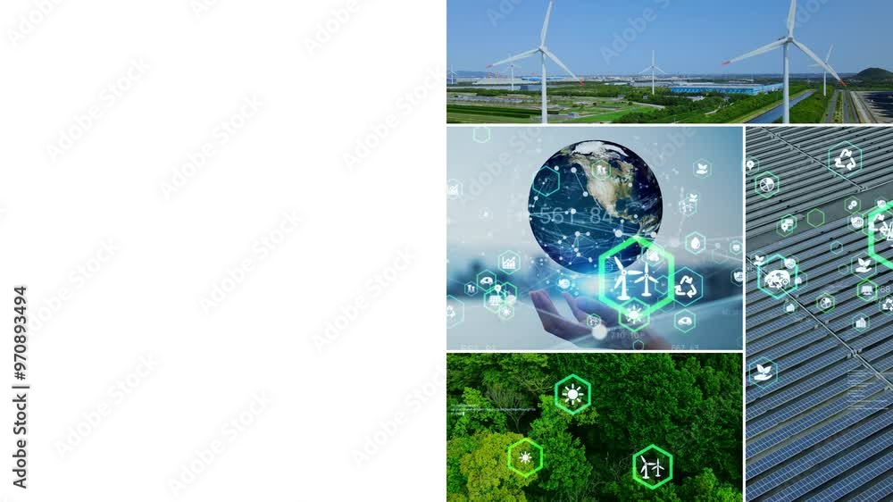 Aufkleber collage of various environmental images and technologies concept. wipe transition from white backgro