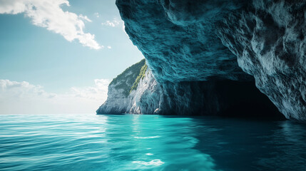Hidden Coastal Cliff of Smooth Jade-Green Stone with Deep Blue Ocean, Captured from Low Wide-Angle Angle