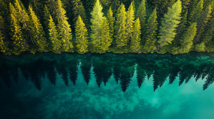Serene high-altitude lake with vibrant teal water reflecting pine trees, perfect mirror effect, deep colors contrasting bright blue sky, captured in a wide-angle, symmetrical perspective