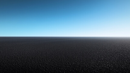 Smooth Black Sand Desert Plateau with Reflective Ground and Deep Blue Sky, Minimalistic Landscape Captured from Wide Low-Angle View in High Contrast
