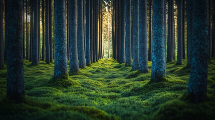 Perfectly Aligned Silver-Barked Trees with Smooth Blue-Green Moss Cover, Symmetrical Tranquil Forest Scene in Soft Sunlight