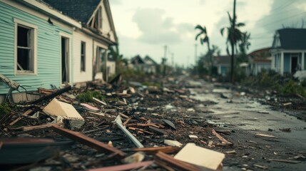 Aftermath of a Powerful Hurricane Leaving Damaged Homes Downed Power Lines and Debris Covered Streets in Its Wake  A Scene of Destruction and the Urgent Need for Cleanup and Efforts