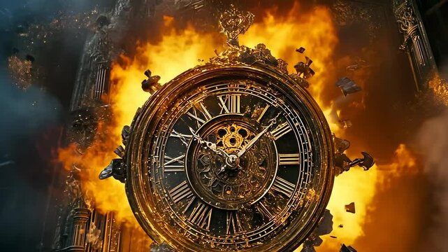 A clock tower is engulfed in flames and explodes at night, creating a dramatic scene. Sparks and debris fly through the air as the fire rages. The clock face is still partially visible amidst the