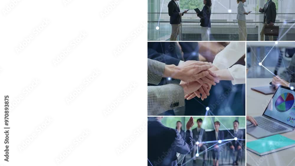 Poster Collage of various business scenes and communication networks concept. Wipe transition from white background.
