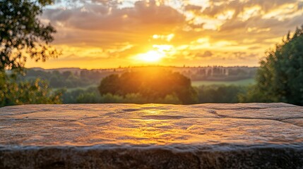 Stone Platform with Sunset and Trees Background