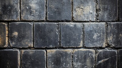 Fototapeta premium A concrete cinder block wall blackened with age is pictured close up creating a grungy textured backdrop perfect for industrial photos or portraits.