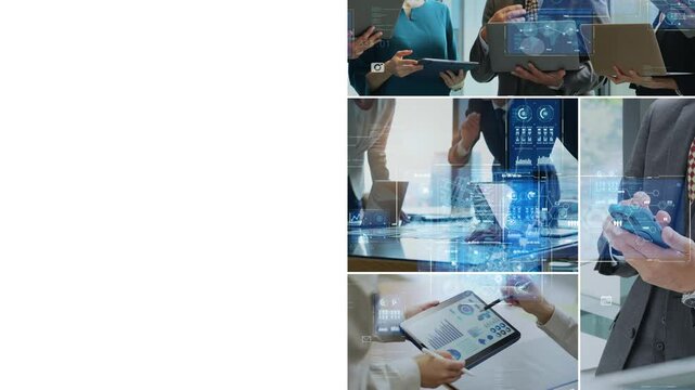 様々なビジネスシーンとデジタルデータ　白バックからのワイプトランジション