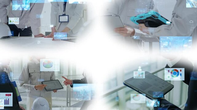 Collage of various industrial scenes and digital technology concept. Wipe transition from white background.