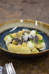 potato gnocchi with poppy seeds and cottage cheese, Czech traditional food, sweet food for children