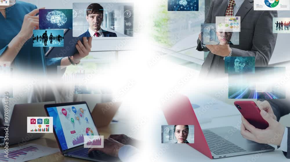 Poster Collage of people using various digital devices and digital data concept. Wipe transition from white background.
