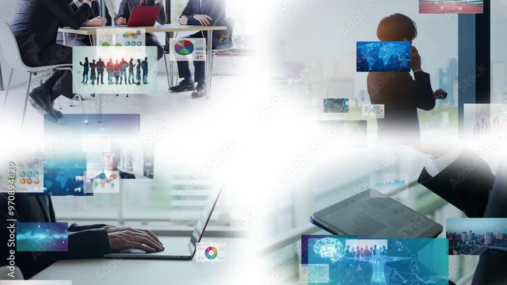 Aufkleber collage of various business scenes and digital data concept. wipe transition from white background.