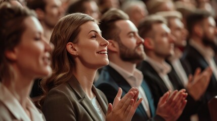 Obraz premium A group of people are sitting in a theater, clapping and smiling