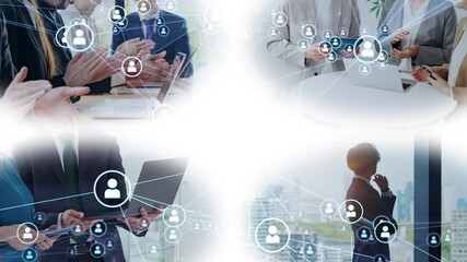 Collage of various business scenes and communication networks concept. Wipe transition from white background.