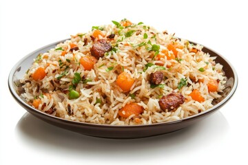 A plate of biryani rice with meat, vegetables, and spices, isolated on a white background.