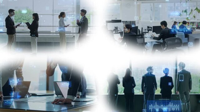 Collage of various business scenes and digital technology concept. Wipe transition from white background.