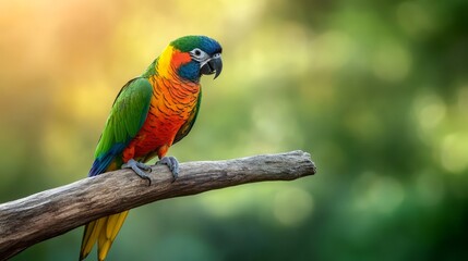 Fototapeta premium Colorful Parrot Perched on Branch with Green Bokeh Background