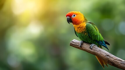 Sunlit Green Winged Macaw Perched on Branch