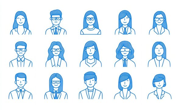 Minimalist line art icon set of people, business team in the office attire with blue lines on a white background. Simple icons for profile pictures or social media profile pictures