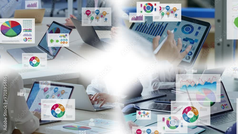 Aufkleber collage of various business scenes and statistical data concept. wipe transition from white backgrou