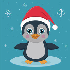 Cute cartoon penguin in a Santa Claus hat on a background of snowflakes.