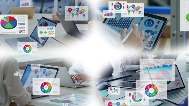 Collage of various business scenes and statistical data concept. Wipe transition from white background.