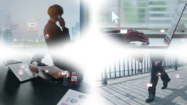 様々なビジネスシーンとデジタルテクノロジー　白バックからのブラートランジション