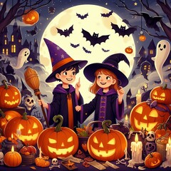 halloween background with pumpkins and witches