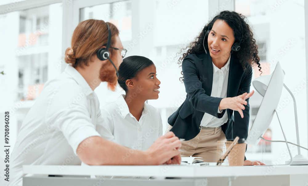 Poster call center, mentor and training consultant with talking for customer service management or explain 