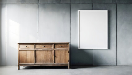 Minimalist interior with wooden sideboard and blank white canvas on concrete wall