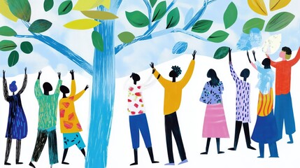Community unity: vibrant illustration of people embracing nature and growth