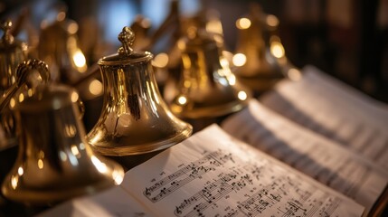 Handbells with sheet of music ready for performance