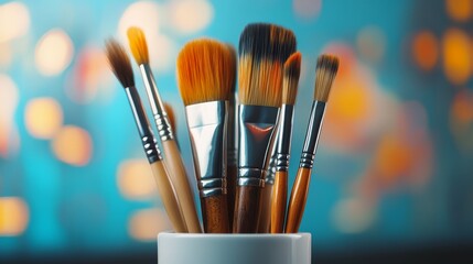 Fototapeta premium Set of Paintbrushes in White Holder on Teal Background