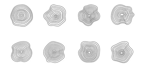 Doodle distorted circles set. Tree rings, wood age. Wavy curve. Vector simple design